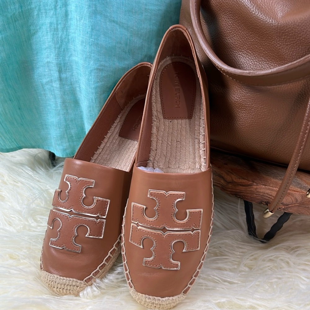 Tory Burch Ines Tan and Spark Gold Napa Leather Espadrilles